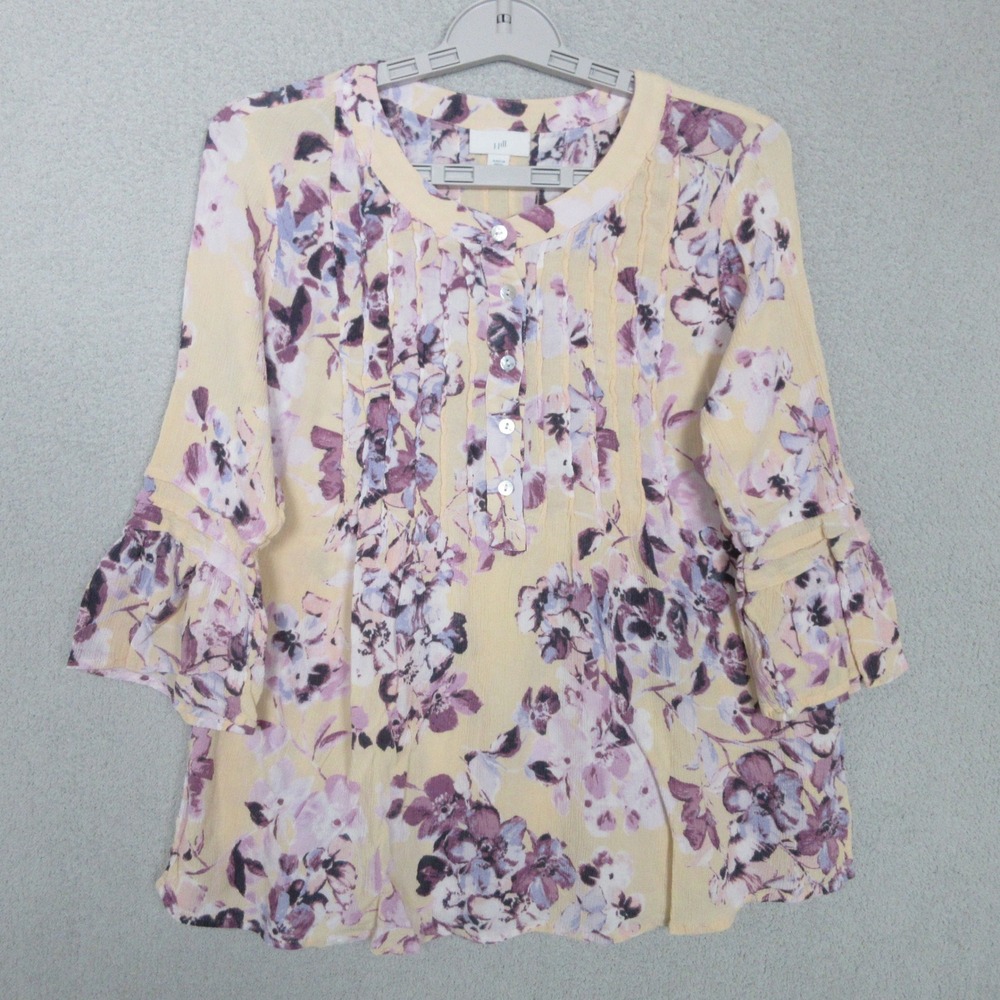 J Jill Womens Blouse Top Petite Small Floral Print Pintuck Button Front Yellow